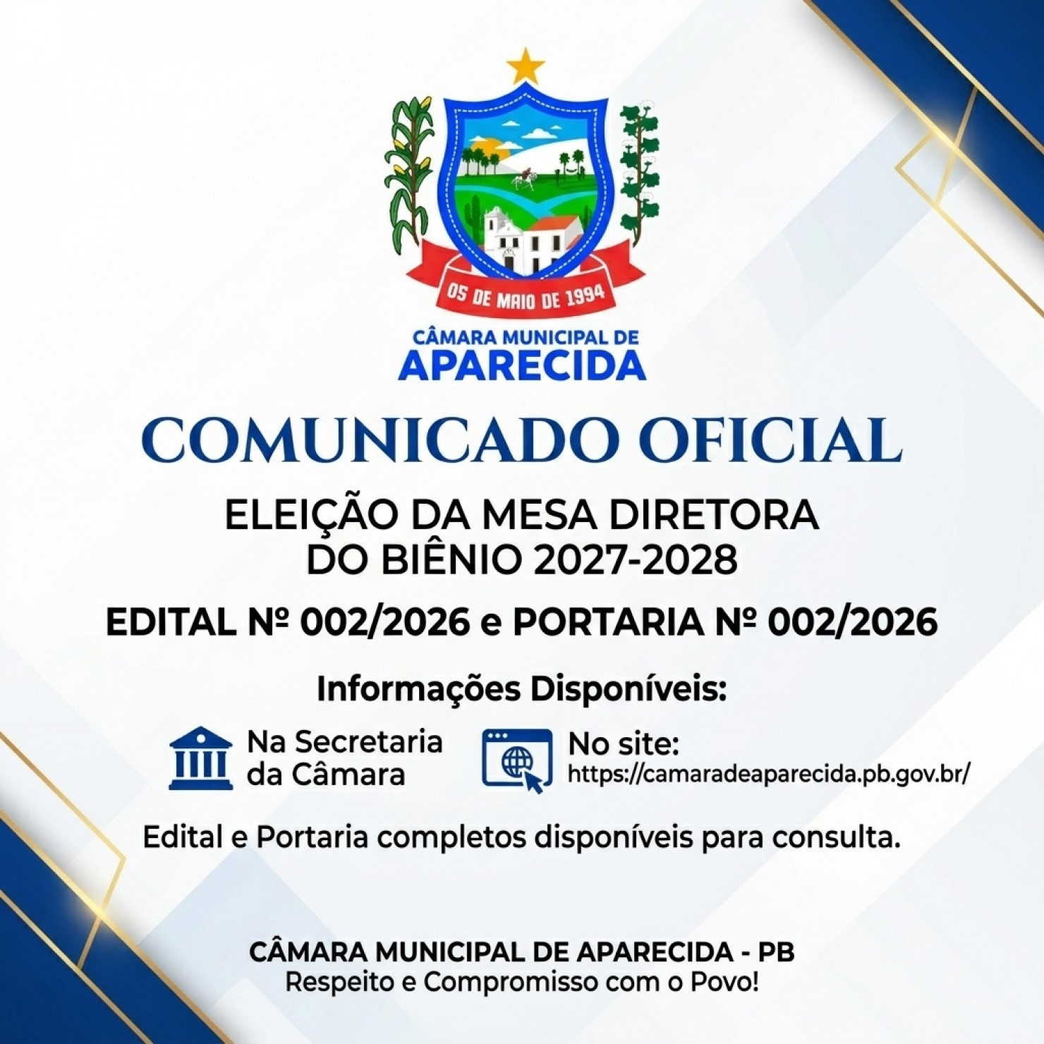 Câmara de Aparecida convoca nova eleição para Mesa Diretora do biênio 2027/2028